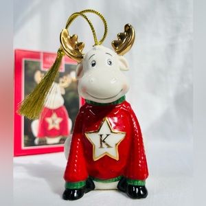 LENOX Porcelain Moose Monogram Initial "K” Christmas Tree Ornament